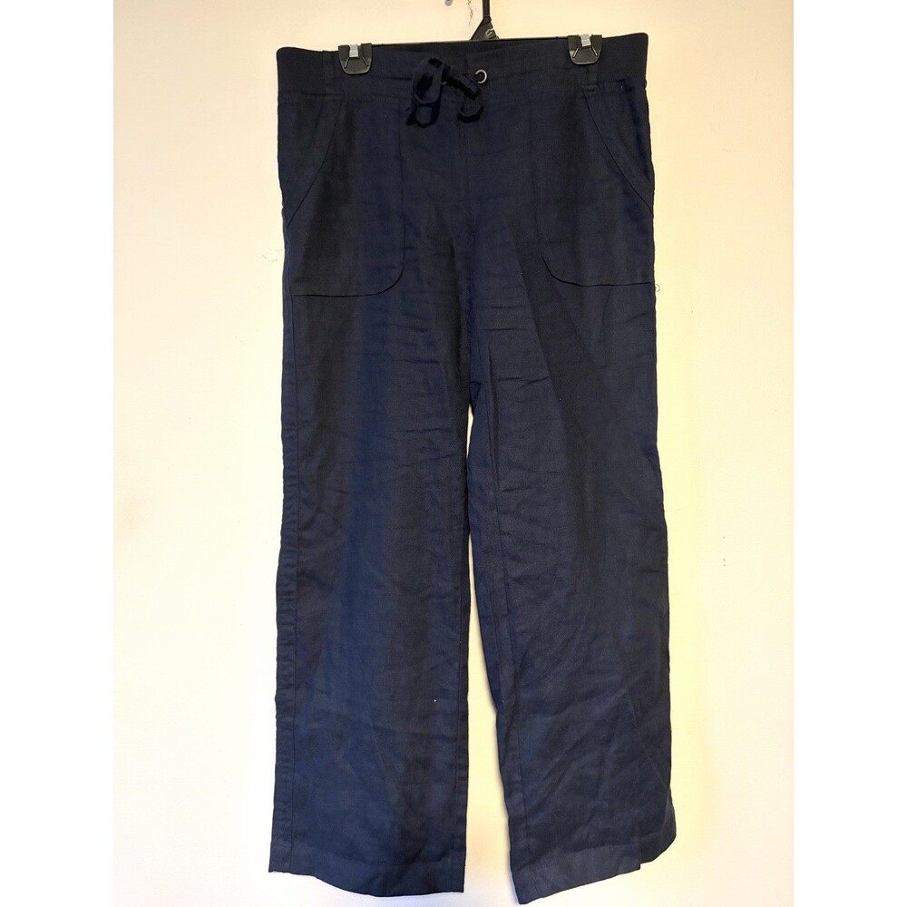 Athleta Linen Pant Navy Size 10P Petite 100% Linen Wide Leg Drawstring